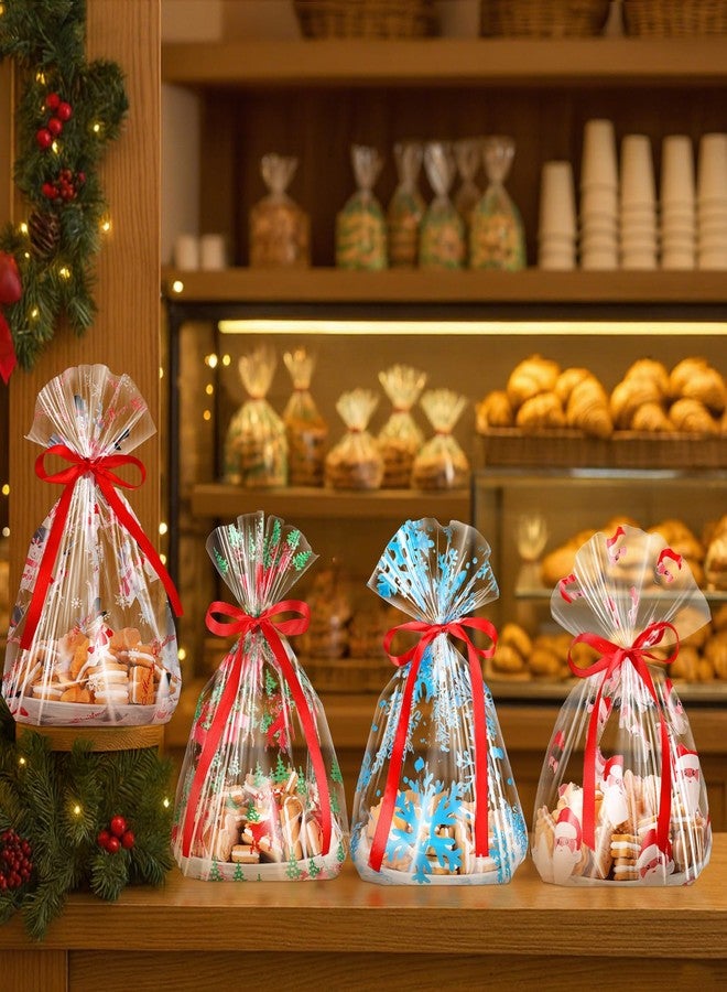 مينبلان أكياس بسكويت شفافة من مينبلان، ٥٠ قطعة، مزينة بشريط أحمر، بنقوش بابا نويل، غزال، رجل ثلج، وندفات ثلج، مثالية لتوزيعات حفلات عيد الميلاد. - Image 3